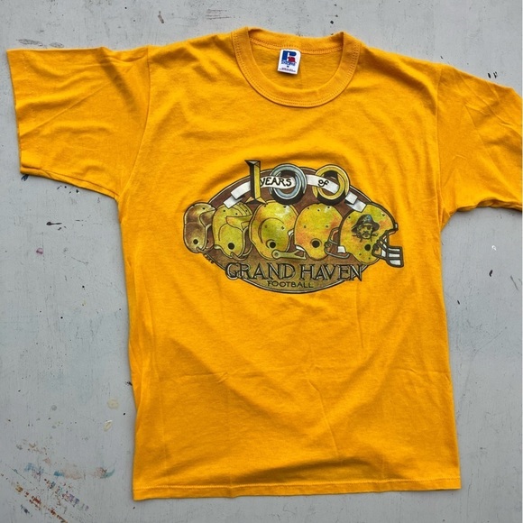 Men's Vintage Russell T-Shirt Yellow Football M Crew USA Single Stitch 100 Years - Picture 5 of 13